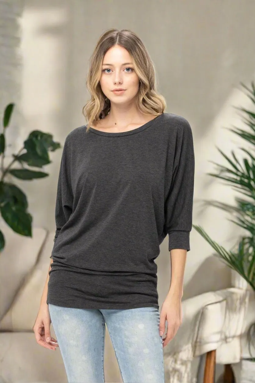 3/4 Dolman Batwing Sleeve Round Neck Comfy Loose fit Casual Tunics Tops Blouses Tshirts