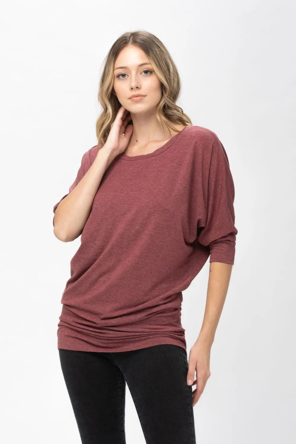 3/4 Dolman Batwing Sleeve Round Neck Comfy Loose fit Casual Tunics Tops Blouses Tshirts