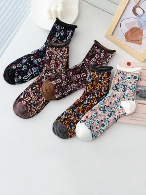 5 Pairs Winter Women Floral Jacquard Hemming Socks