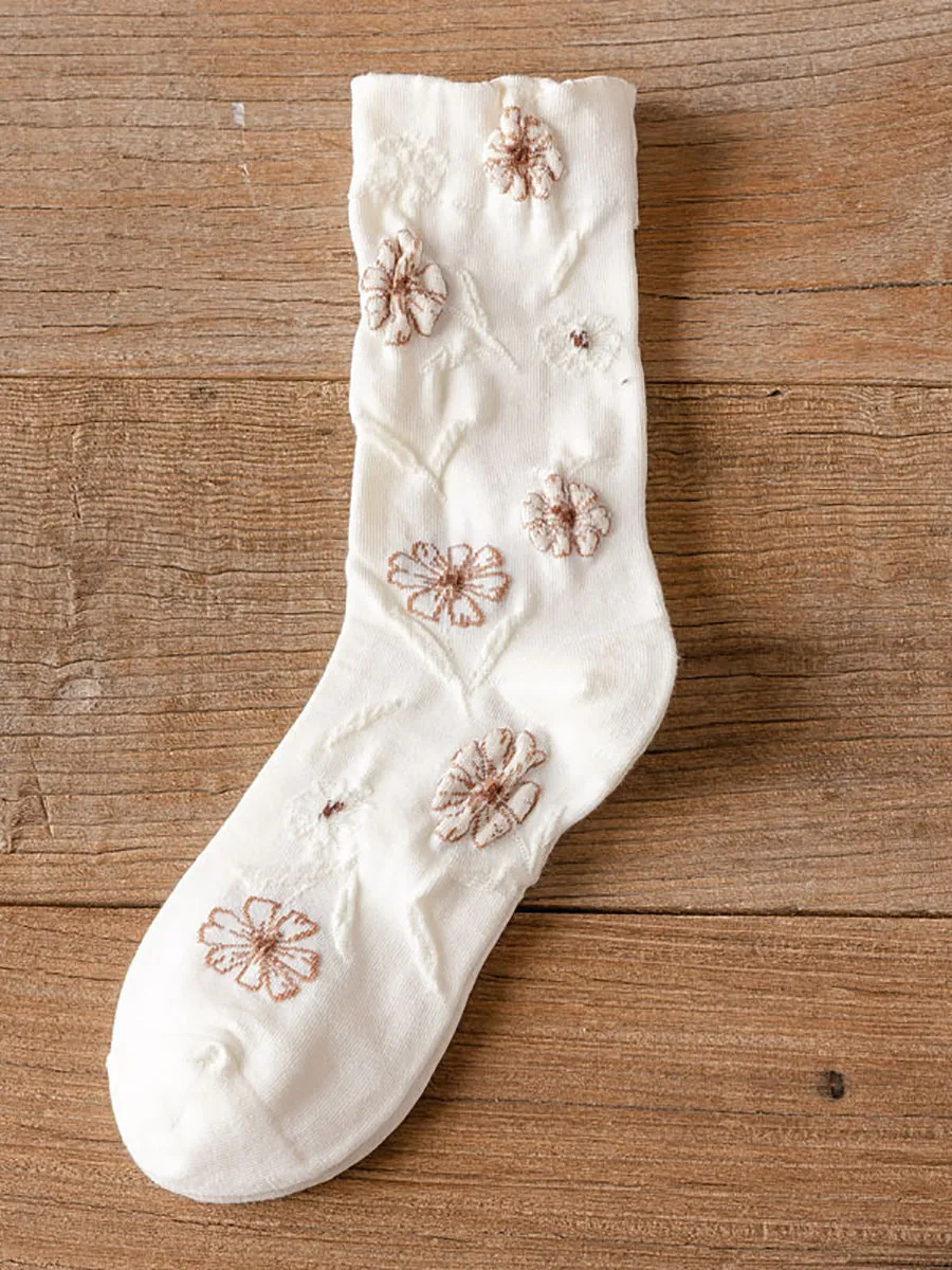 5 Pairs Women Autumn Flower Mid-calf Socks