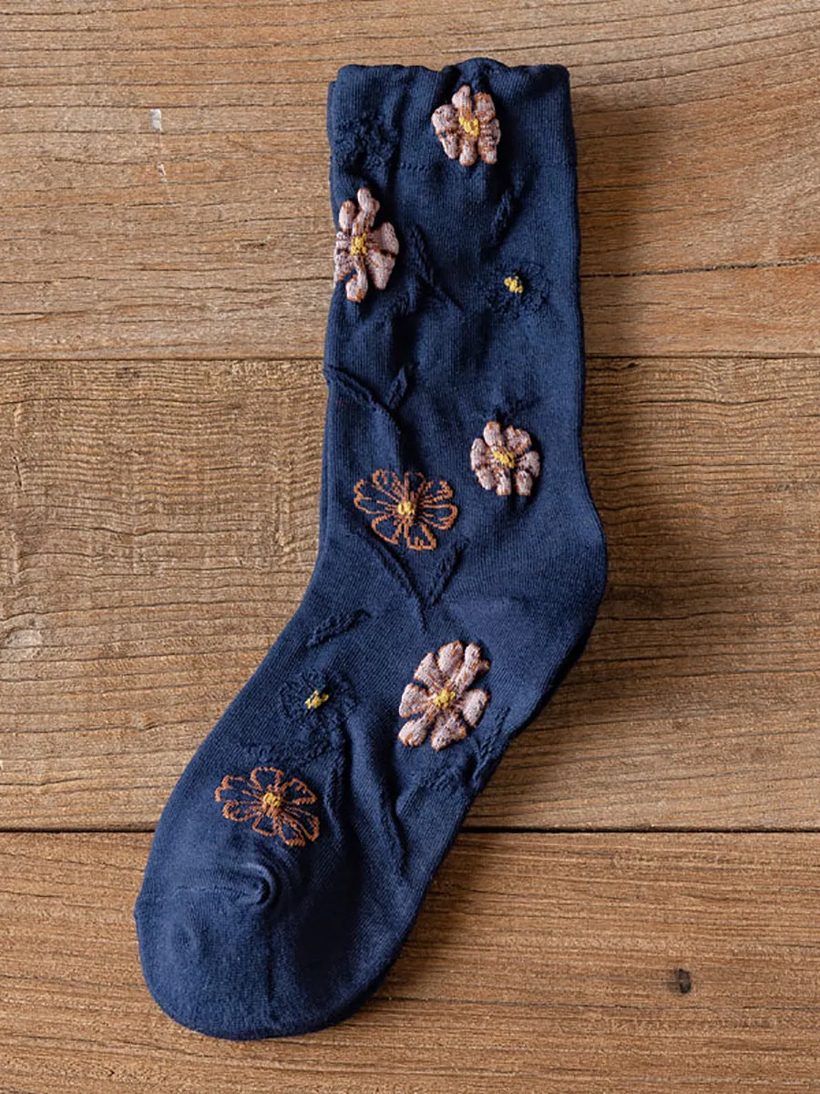 5 Pairs Women Autumn Flower Mid-calf Socks