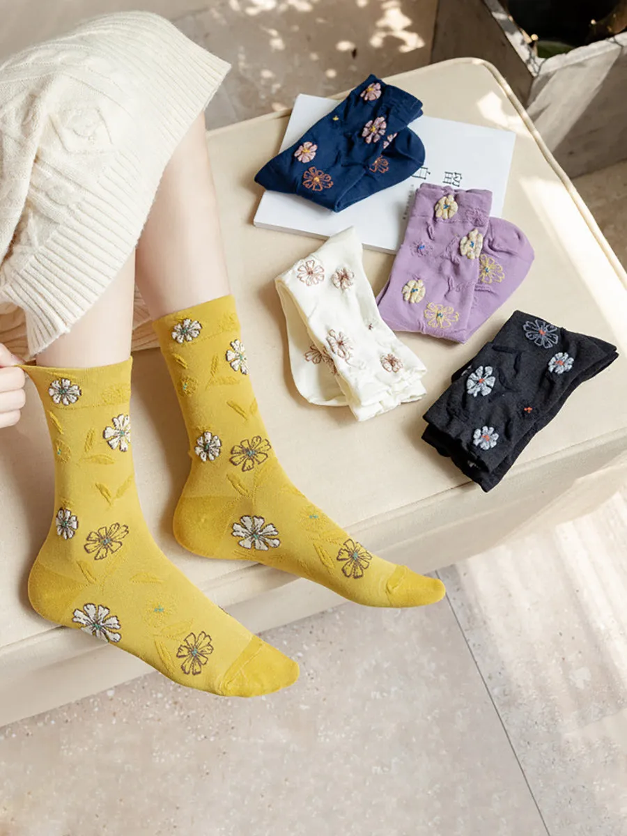 5 Pairs Women Autumn Flower Mid-calf Socks