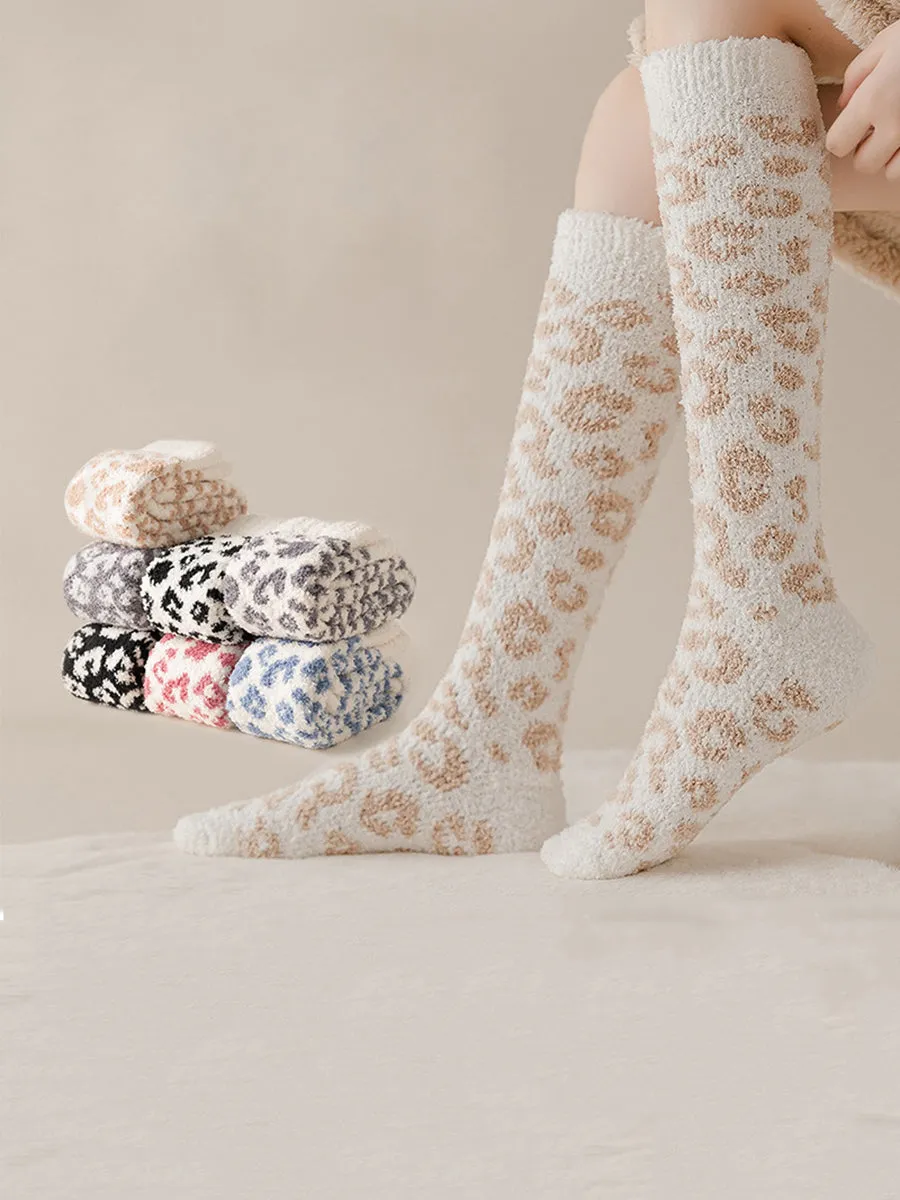 5 Pairs Women Winter Leopard Print Fleece Socks