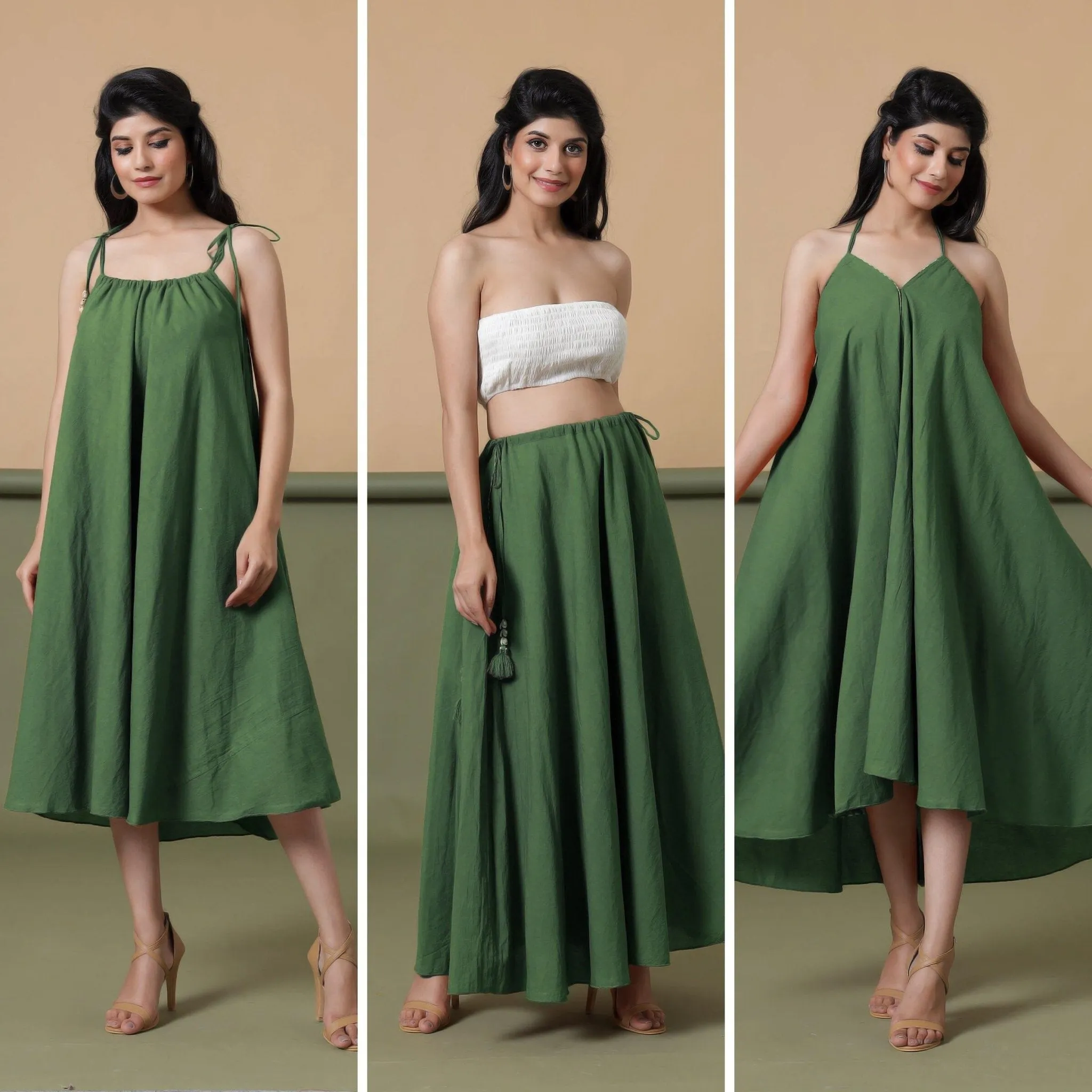 6-Way Convertible Forest Green Tie-Dye Cotton Skirt Dress