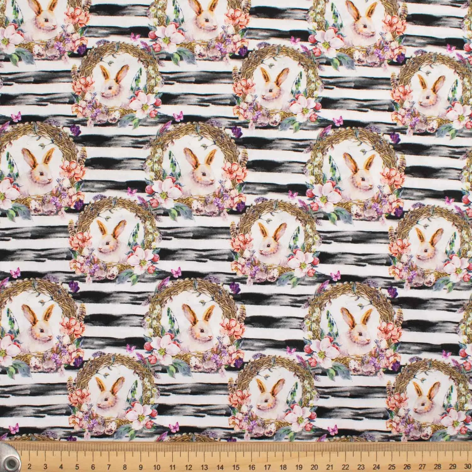 Animal Series Rabbit & Flower Ring on Black Stripes Cotton Prints