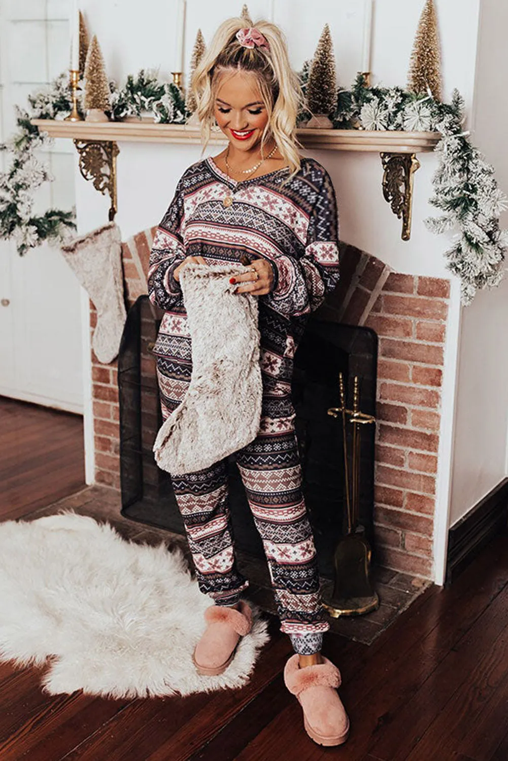 Black Christmas Geometric Print Lounge Set