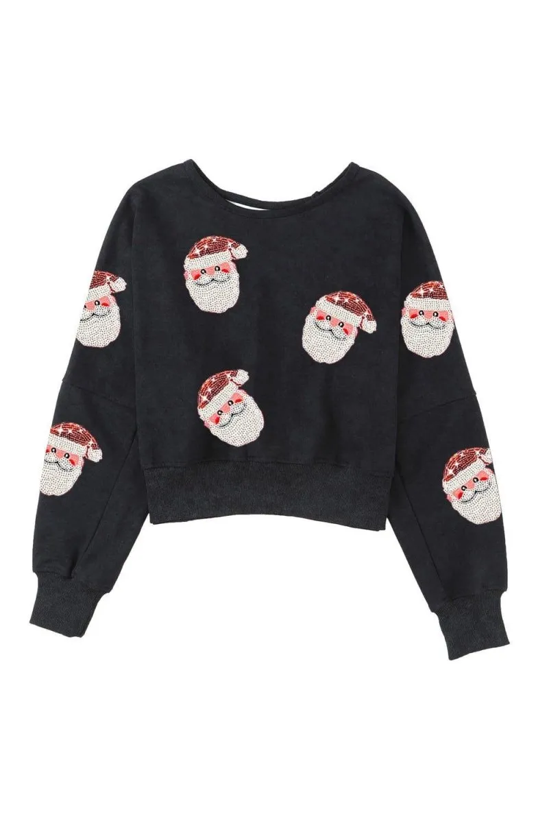 Black Cutout Back Santa Claus Graphic Sweatshirt