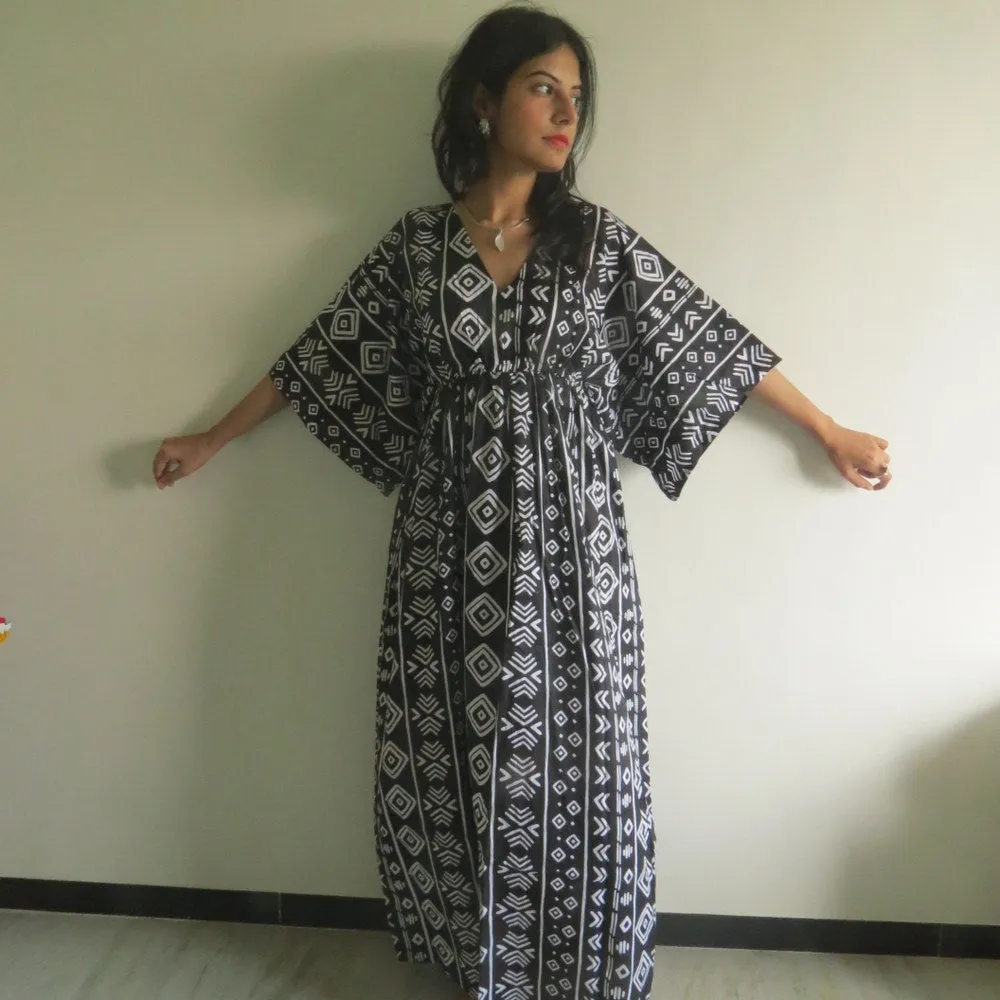 Black I Wanna Fly Style Caftan in Tribal Aztec Pattern, Cozy House Dress