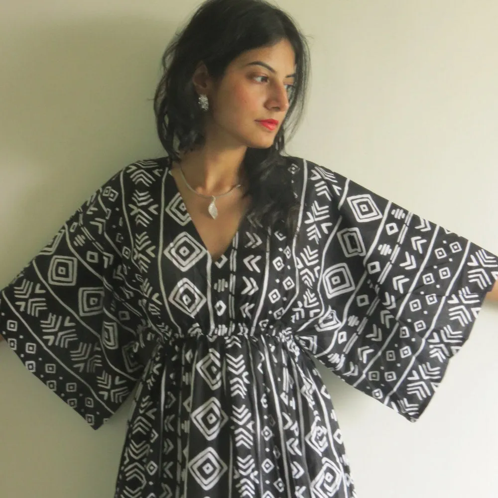 Black I Wanna Fly Style Caftan in Tribal Aztec Pattern, Cozy House Dress