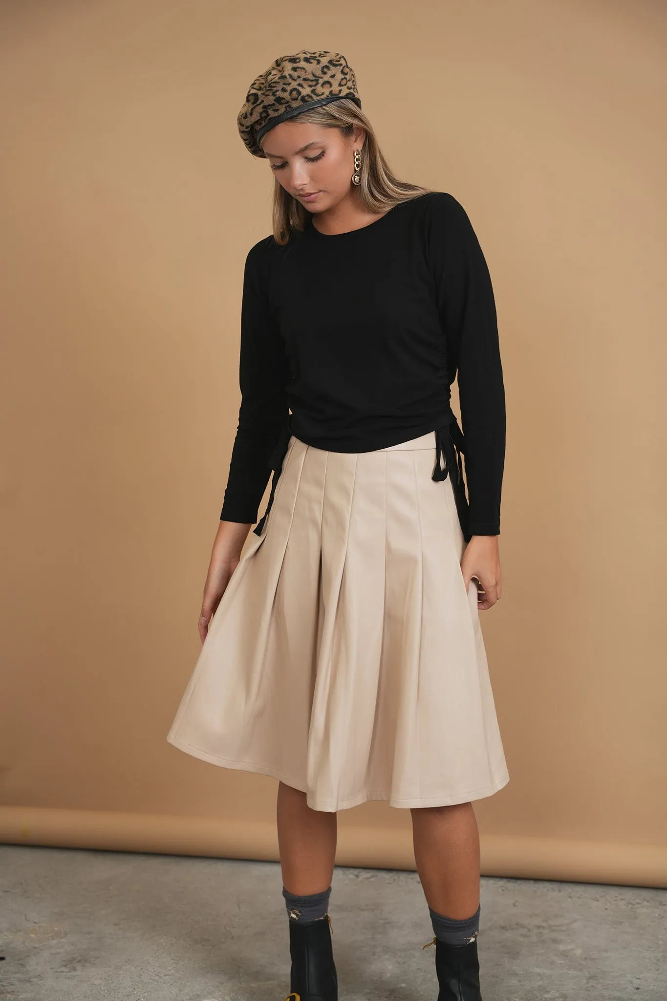 Bliss Pleated Leather Skirt Taupe