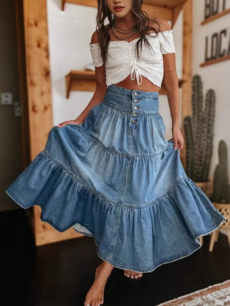 Bohemian A-line Layered Cake Denim Skirt