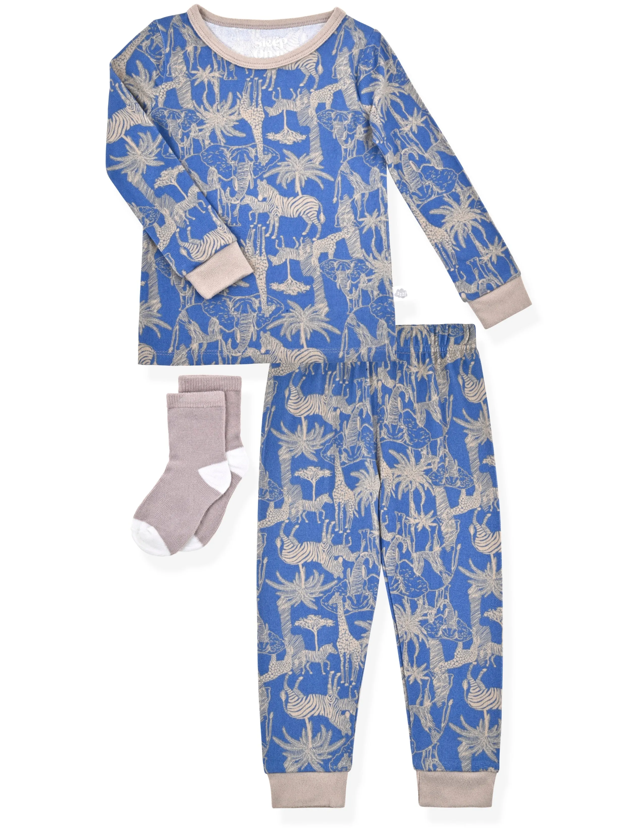 Boys 2-Piece Super Soft Jersey Snug-Fit Pajama Set with Socks- Jungle Safari.