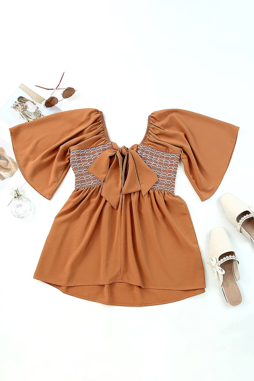 Brown Square Neck Flared Sleeve Smocked Blouse