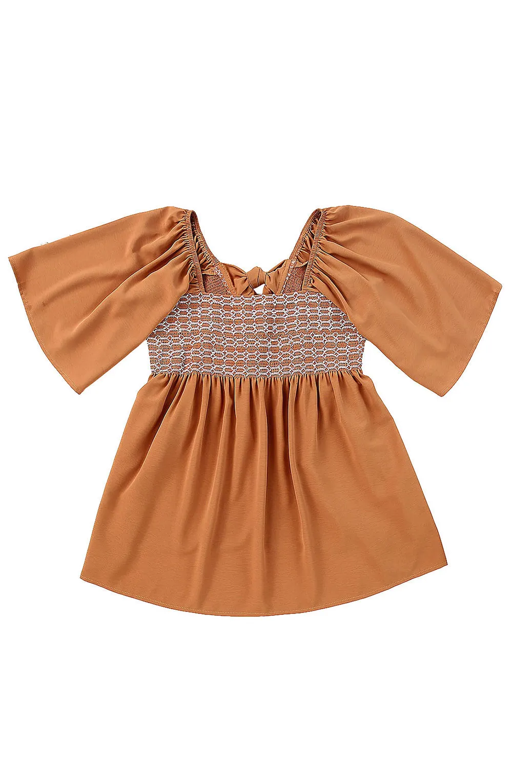 Brown Square Neck Flared Sleeve Smocked Blouse