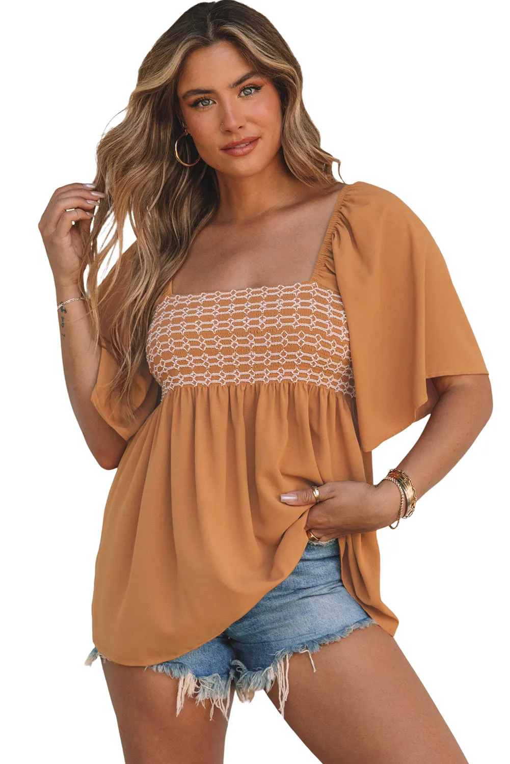 Brown Square Neck Flared Sleeve Smocked Blouse