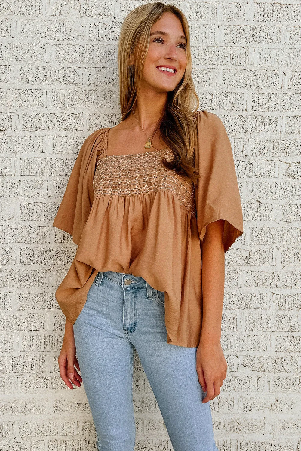 Brown Square Neck Flared Sleeve Smocked Blouse