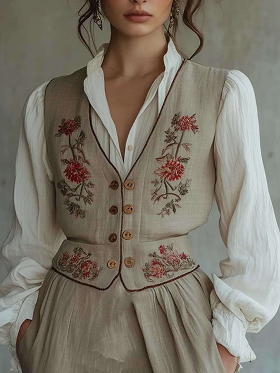 Casual Floral Embroidered Linen Waistcoat