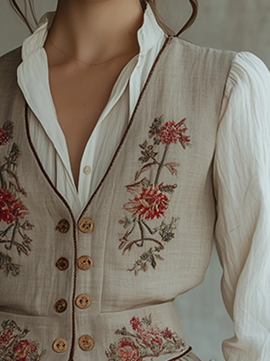 Casual Floral Embroidered Linen Waistcoat