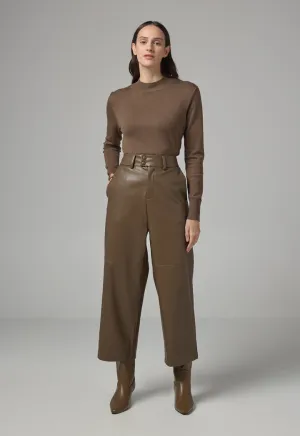 Choice Solid Pu Leather Wide Legs Trousers Khaki