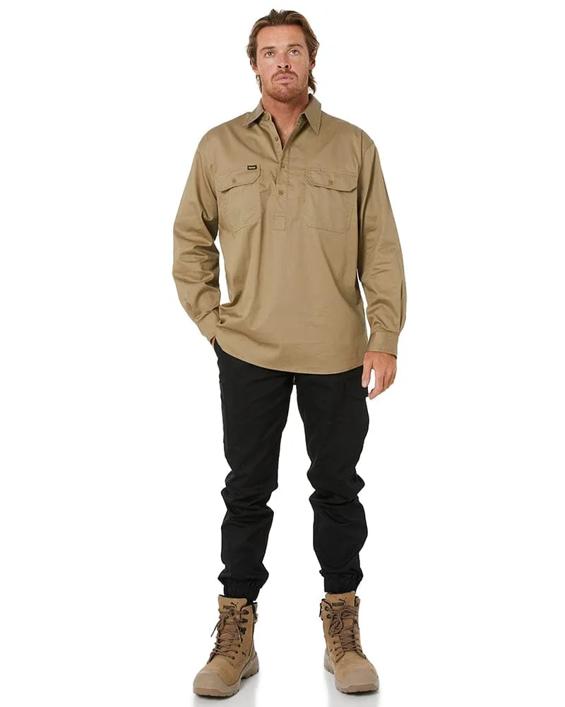 Closed Front Mens Lightweight LS Drill Shirt - Khaki