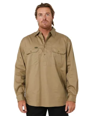 Closed Front Mens Lightweight LS Drill Shirt - Khaki