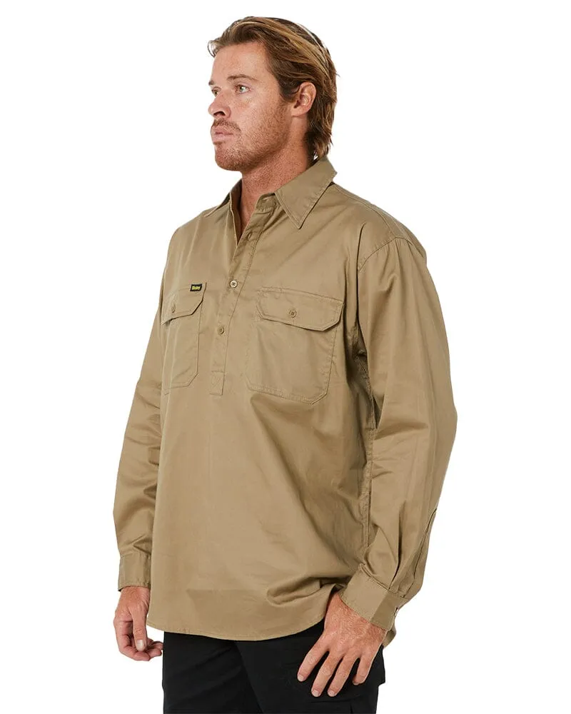 Closed Front Mens Lightweight LS Drill Shirt - Khaki