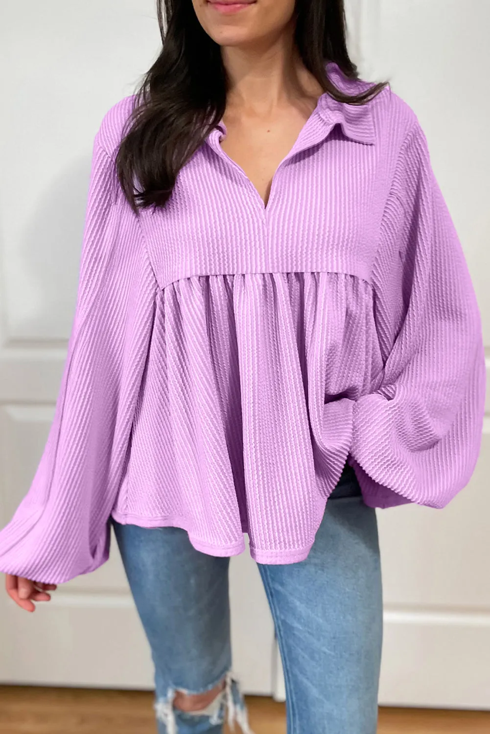 Corded Turn-down V Neck Bubble Sleeve Babydoll Blouse