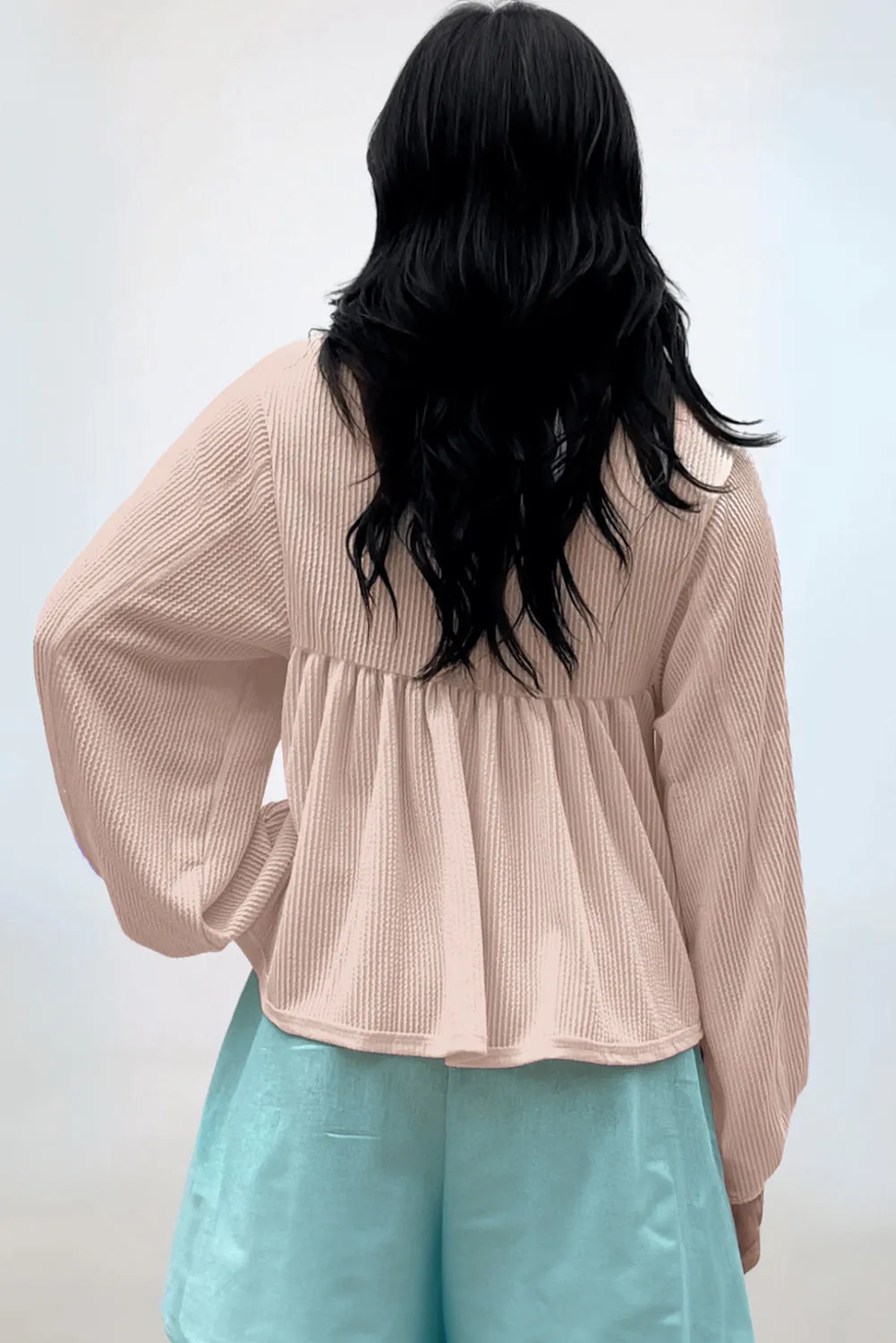 Corded Turn-down V Neck Bubble Sleeve Babydoll Blouse