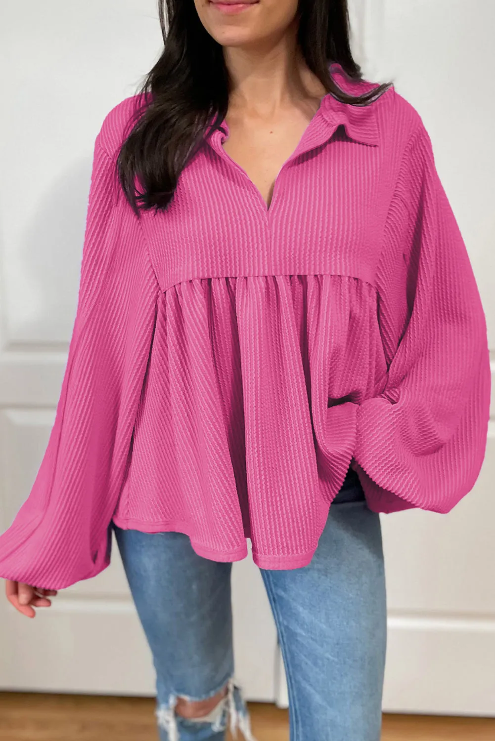 Corded Turn-down V Neck Bubble Sleeve Babydoll Blouse