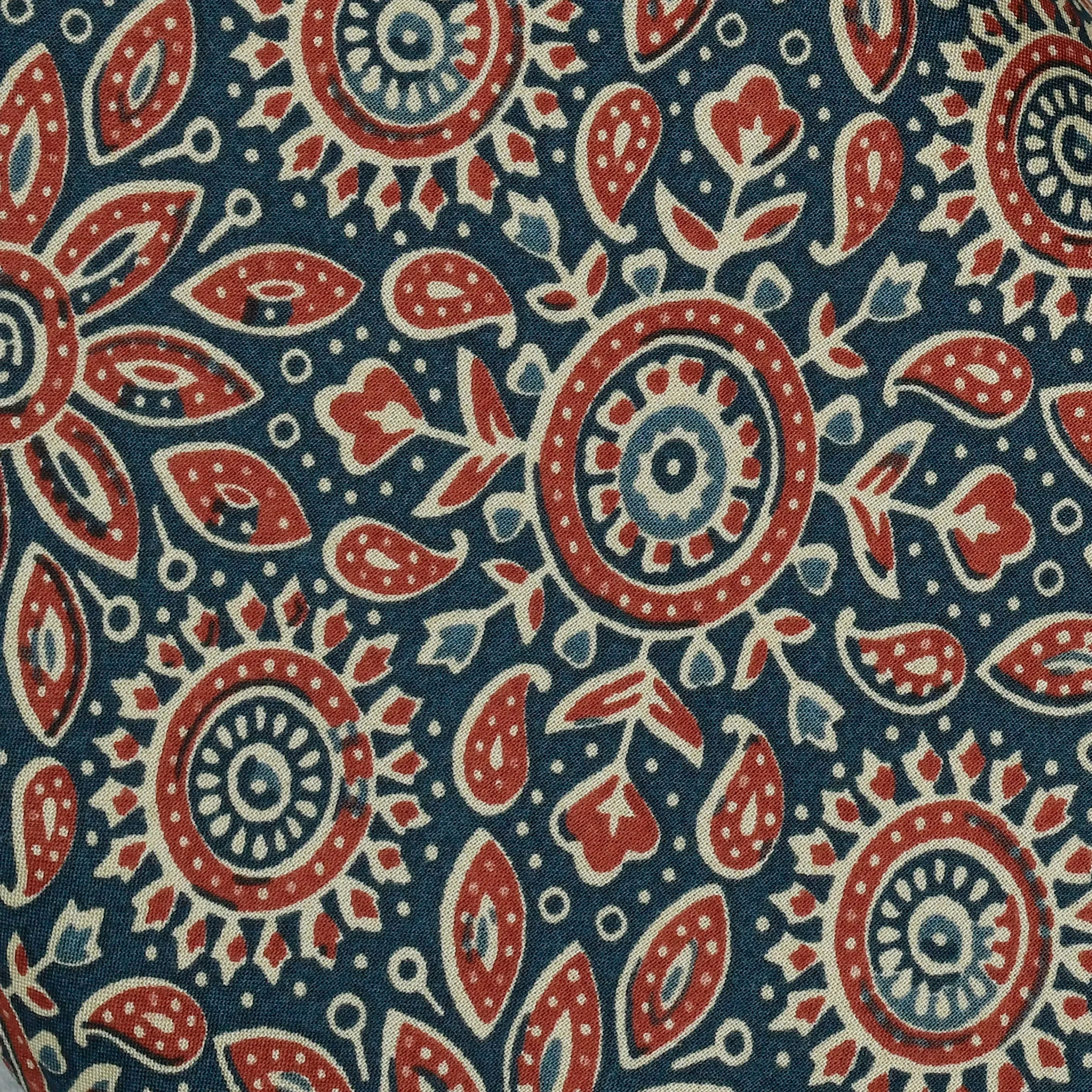 Dark Blue and Red Screen Printed Rayon Fabric