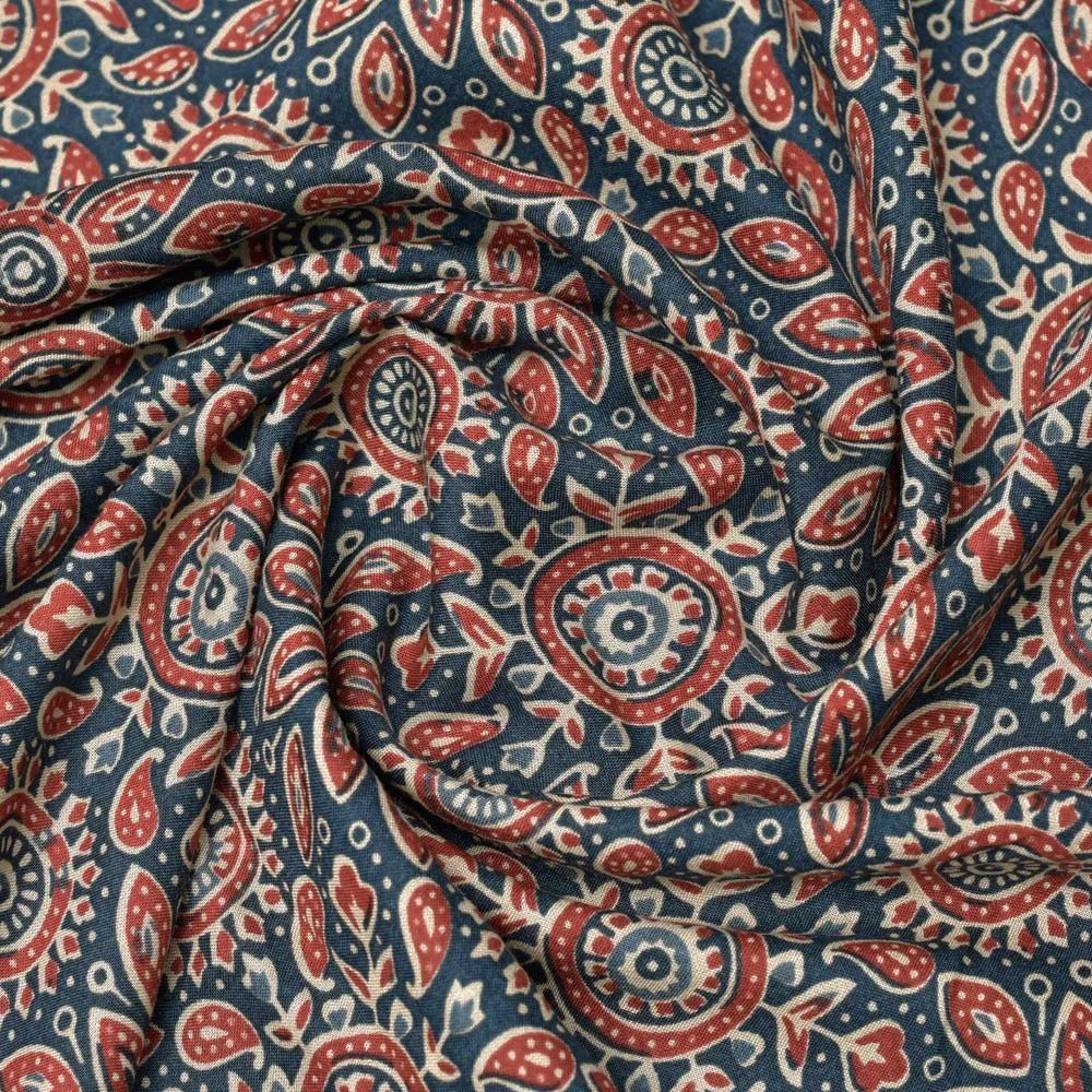 Dark Blue and Red Screen Printed Rayon Fabric