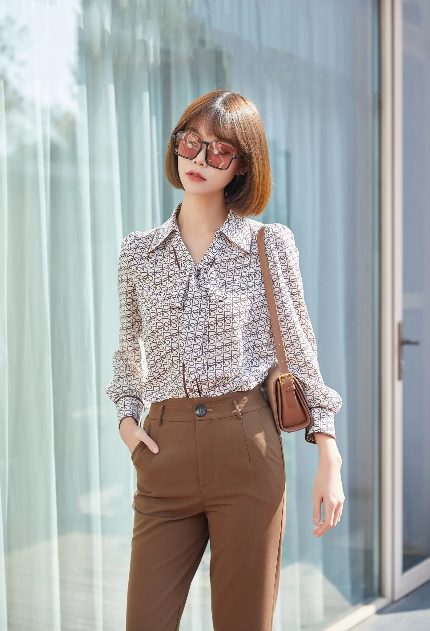 Dark Brown Bow Tie Print Blouses Shirt