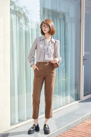 Dark Brown Bow Tie Print Blouses Shirt