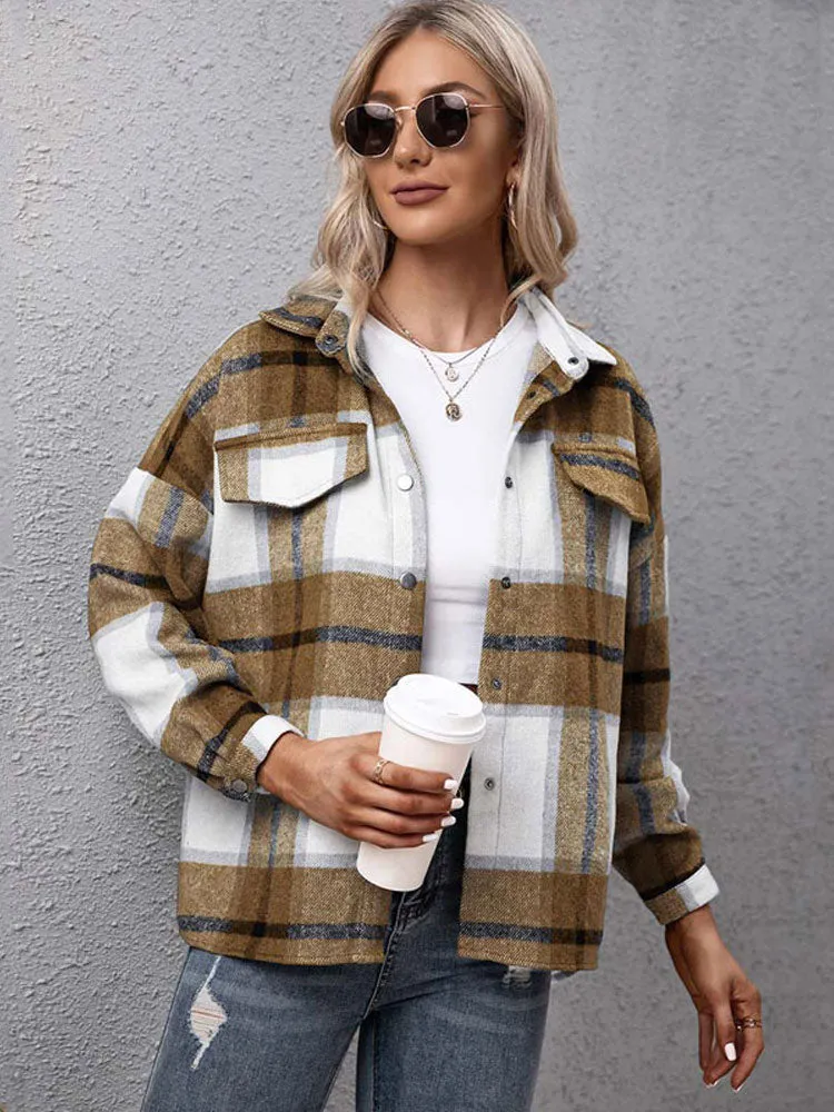 Fashionkova  2022 Autumn Checkered Jacket Women Winter Plaid Jacket Overshirt Ladies Warm Thicken Button Shirt Jacket Coat Women