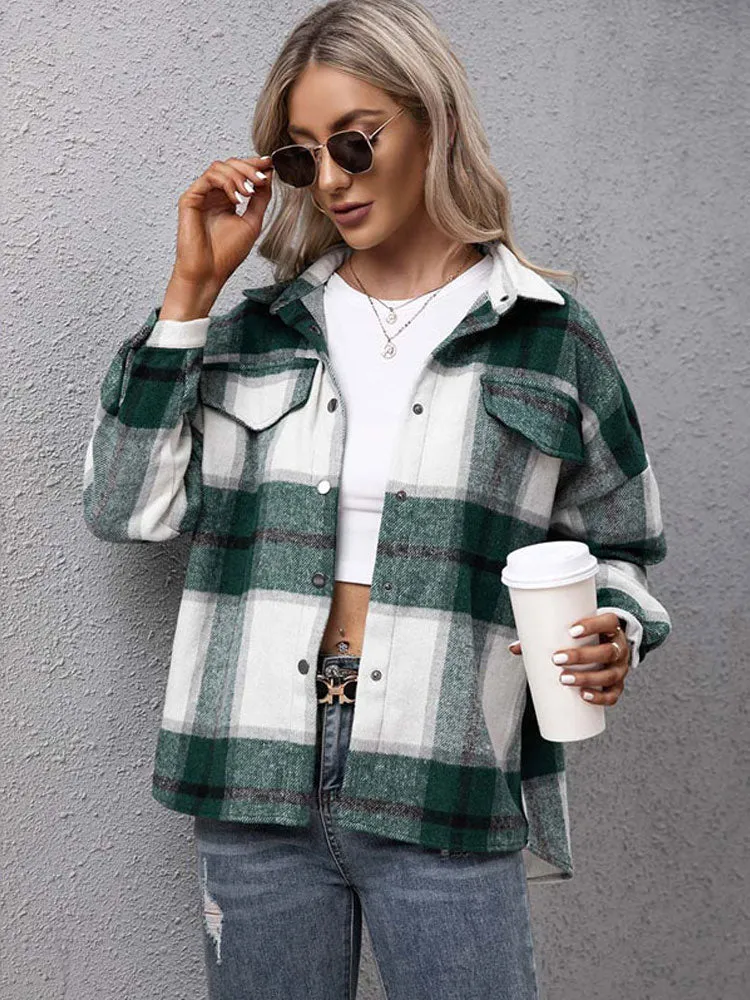 Fashionkova  2022 Autumn Checkered Jacket Women Winter Plaid Jacket Overshirt Ladies Warm Thicken Button Shirt Jacket Coat Women