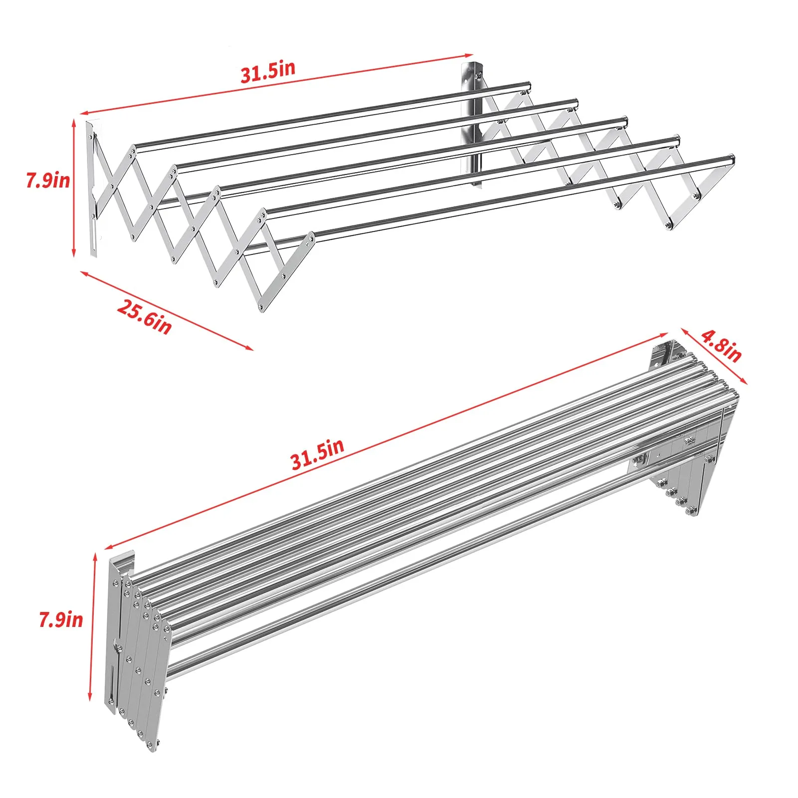 GUEVARA Wall Mounted Clothes Drying Rack,Stainless Steel Accordion Retractable Drying Rack for Laundry Room/Bathroom Tower，Easy to Install 31-inch Rod, 120 lbs Large Capacity- Indoor and Outdoor Use