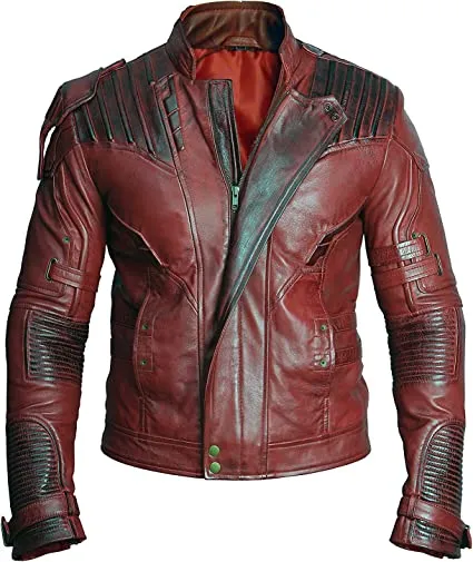 Handmade Galaxy Costume: Men's Guardians Inspired Distressed Red Maroon Leather Jacket