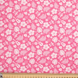 Hawaii Style Collection #09 Flower, Leaves, Sea Turtle & Guitar on Pink Cotton Prints