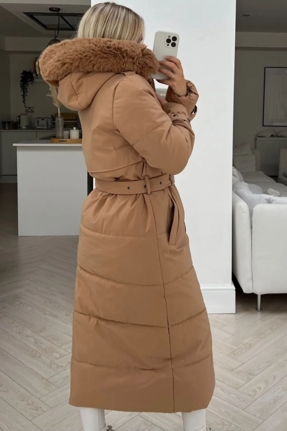 Heidi camel faux fur hooded parka coat