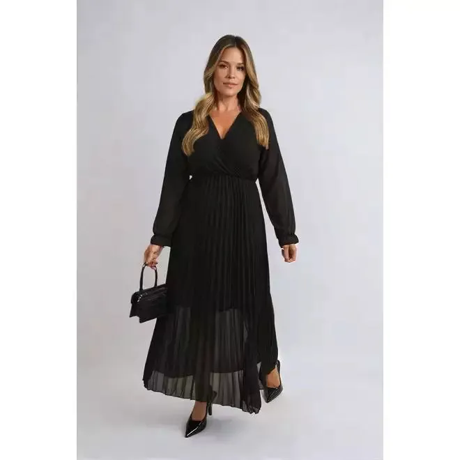 Long Sleeve V-Neck Pleated Maxi Dress