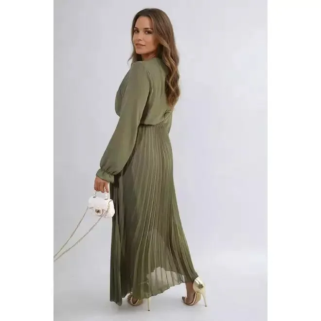 Long Sleeve V-Neck Pleated Maxi Dress