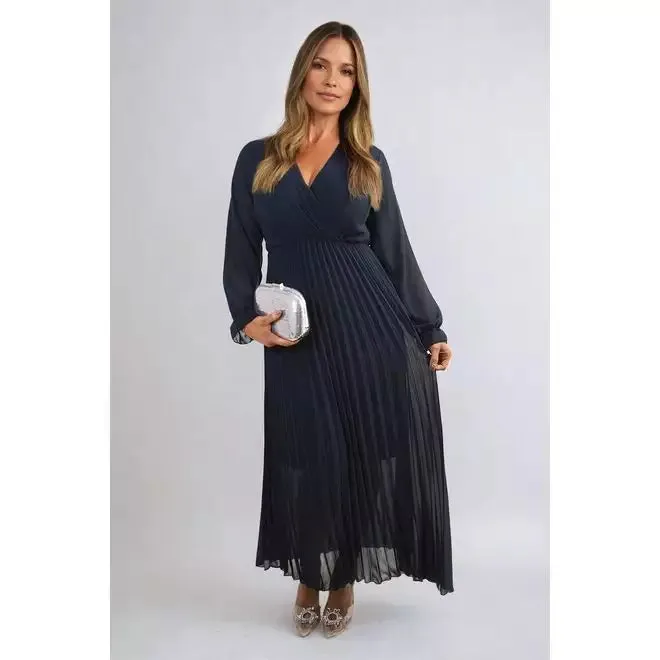 Long Sleeve V-Neck Pleated Maxi Dress