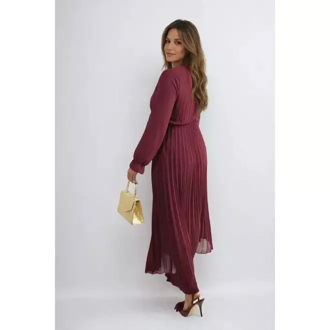 Long Sleeve V-Neck Pleated Maxi Dress