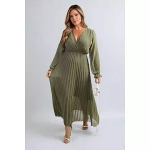 Long Sleeve V-Neck Pleated Maxi Dress