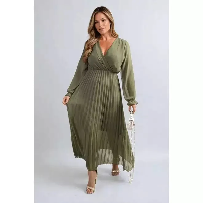 Long Sleeve V-Neck Pleated Maxi Dress