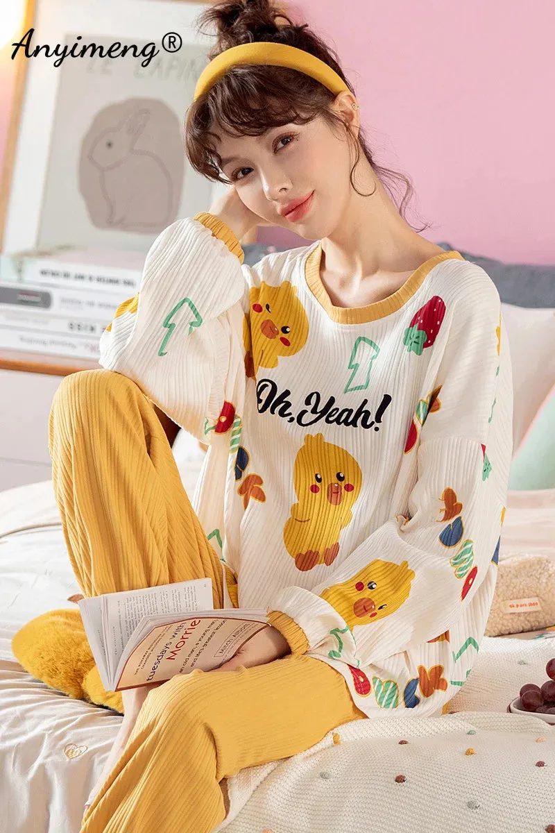 LVSANW Autumn Winter New Korean Kawaii Pajama Set for Women Pajamas Cotton Long Sleeve Big Pijamas Fashion Sleepwear Plus Size 4xl 5xl