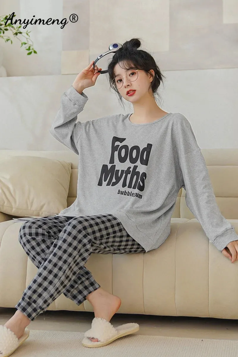 LVSANW Autumn Winter New Korean Kawaii Pajama Set for Women Pajamas Cotton Long Sleeve Big Pijamas Fashion Sleepwear Plus Size 4xl 5xl