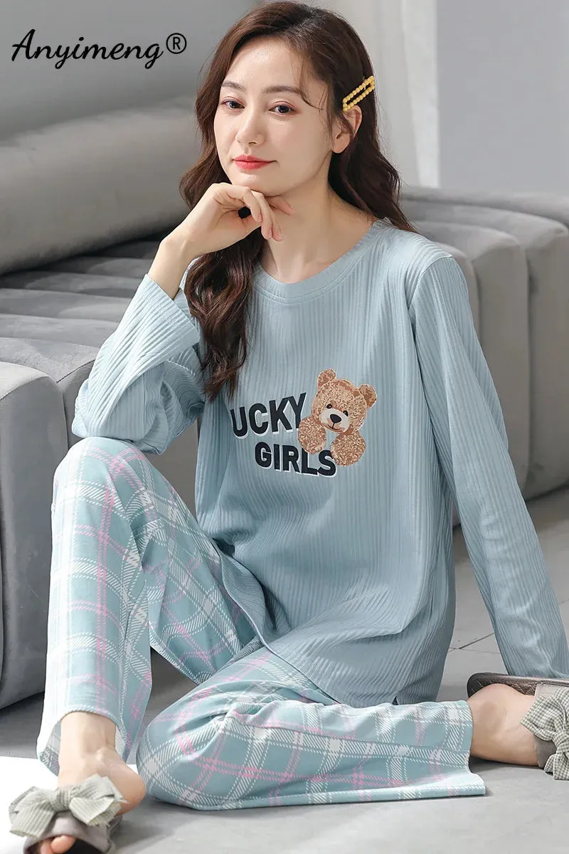 LVSANW Autumn Winter New Korean Kawaii Pajama Set for Women Pajamas Cotton Long Sleeve Big Pijamas Fashion Sleepwear Plus Size 4xl 5xl