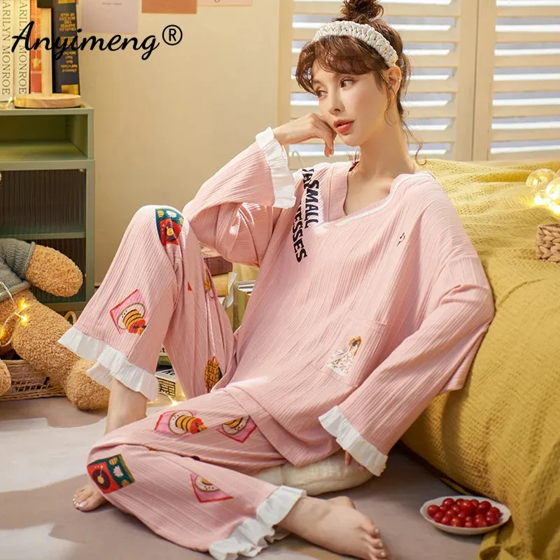 LVSANW Autumn Winter New Korean Kawaii Pajama Set for Women Pajamas Cotton Long Sleeve Big Pijamas Fashion Sleepwear Plus Size 4xl 5xl