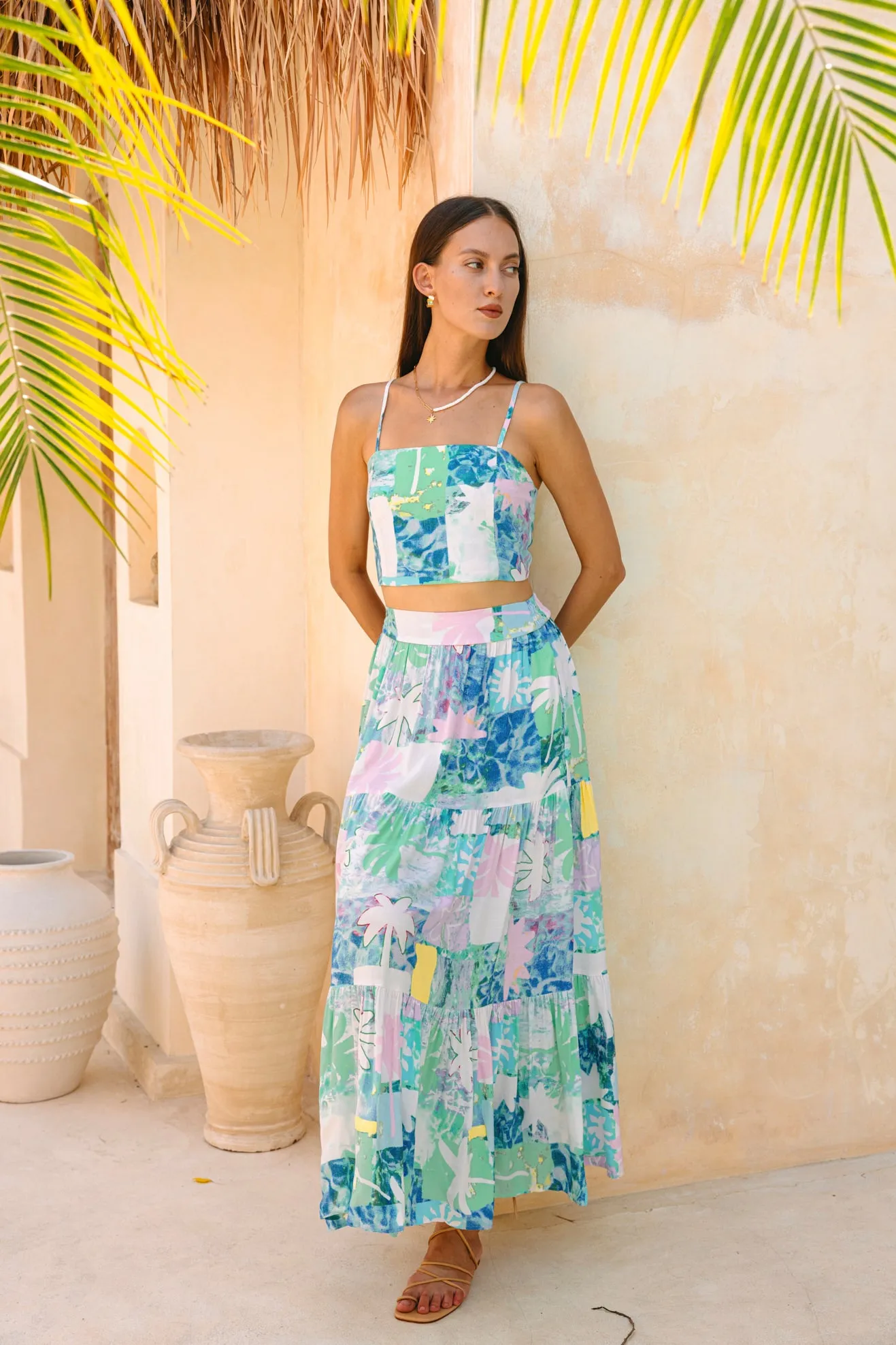 Maeve Aqua Blue Green Abstract Tiered Maxi Skirt